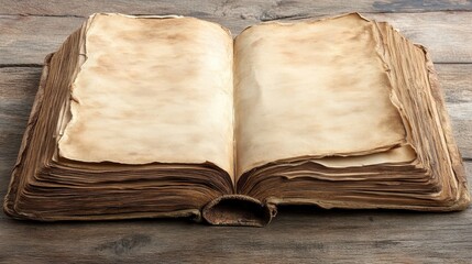 Rustic Open Book on Wooden Table Background