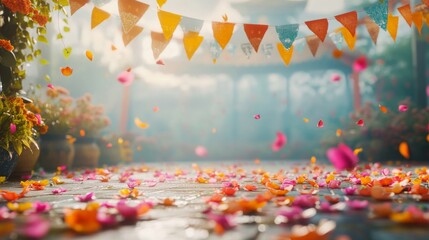 Obraz premium An empty scene featuring blank mockup template against a backdrop of prayer flags and floating petals, honoring Guru Nanakâ€™s teachings of peace and equality, 