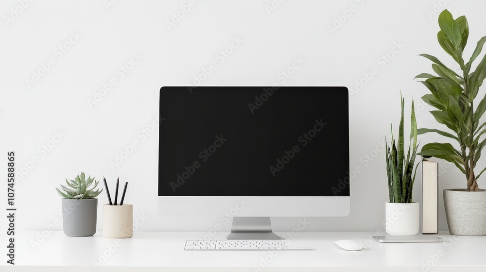 Poster an all-in-one computer is placed on a bright white background, emphasizing its sleek design and inte