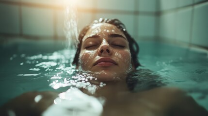 A serene woman leans back in a bathtub under running water, her face is relaxed, capturing a moment of peace and tranquility in the soft lighting.