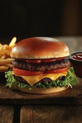 Cheeseburger and Fries on Cutting Board
