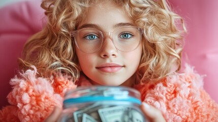 A young girl wearing glasses and a fluffy pink coat holds a jar of money, representing savings and financial responsibility, with a focused and attentive demeanor.