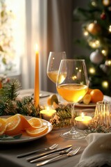Fototapeta premium A table with a candle and two wine glasses, one of which is half full