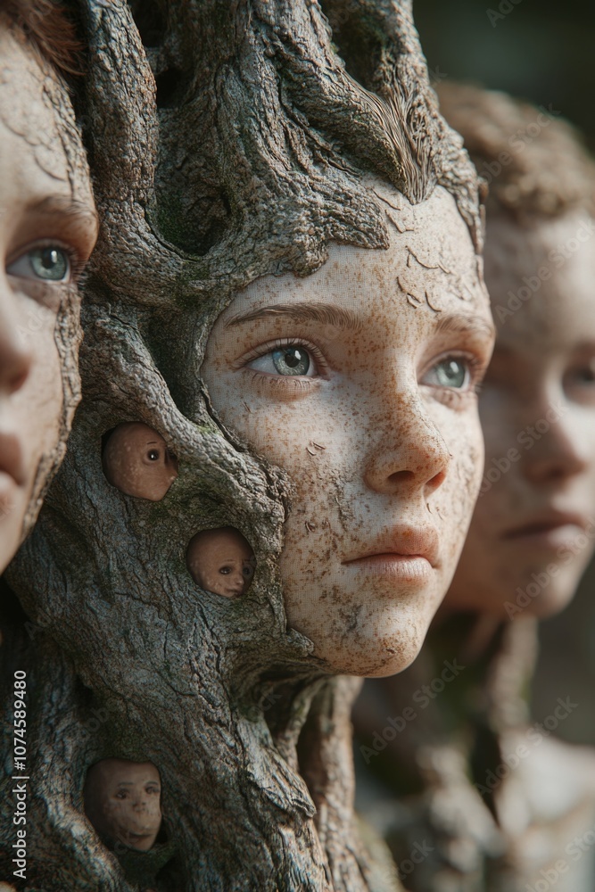 Poster a close-up view of a child's statue with intricate details, suitable for use in a variety of context