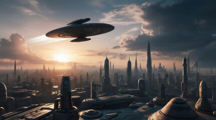 spaceship flying over a futuristic city, sunset in the sky with clouds, science fiction scenery