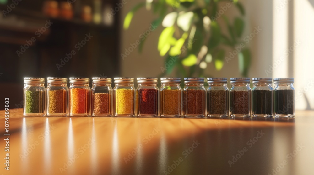 Poster a row of glass jars with different colored spices on a table