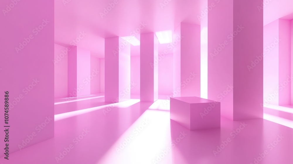 Poster bright pink abstract room with geometric columns and soft lighting creating a surreal and modern spa