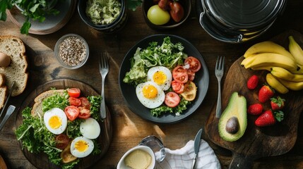 A flat lay of a healthy egg-based brunch spread, featuring dishes like egg salad, avocado toast, and fresh fruit, all arranged on a rustic table. 