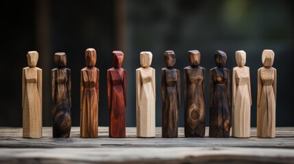 A row of wooden figurines, each with a different color