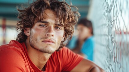 A young man rests against a chain-link fence, with slightly tousled hair, under a bright sky, embodying a casual, laid-back attitude on a sunny afternoon.