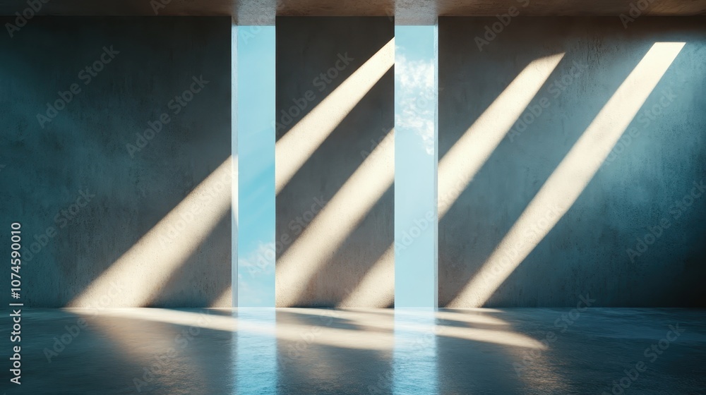 Poster concrete room with lines of sunlight creating geometric patterns, casting shadows on the floor, evok