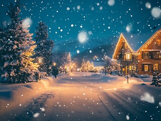 Fototapeta premium Snowy Village Street with Christmas Lights and Falling Snow at Night