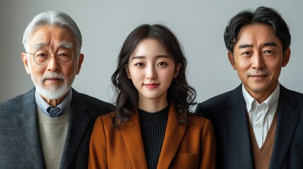 Portrait of South Korean business professionals, mixed ages, teens and seniors, isolated, white background