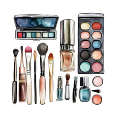Various makeup kits and cosmetic products isolated on transparent background, ideal for beauty branding, product packaging, skincare promotions, and fashion design projects
