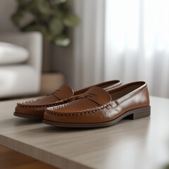 Pair of brown leather men's shoes on the table in the room.