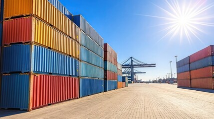 Fototapeta premium Vibrant Stacked Shipping Containers at a Port Under Bright Sunlight with Clear Blue Skies and Industrial Cranes in the Background
