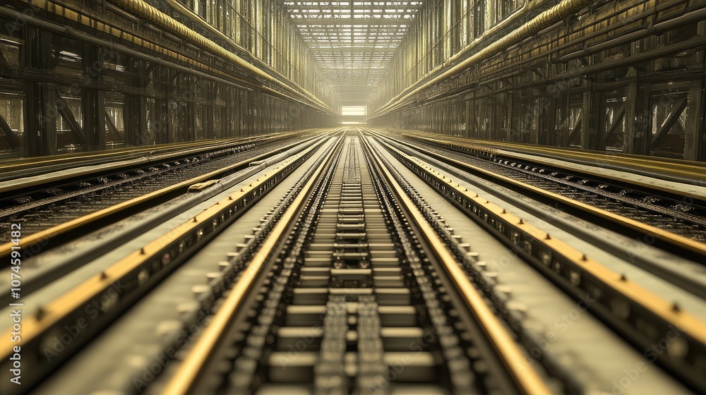 Poster perspective view of railway tracks leading into a sunlit tunnel surrounded by industrial architectur