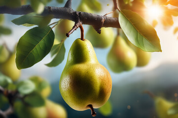 A tree with green pears hanging from it