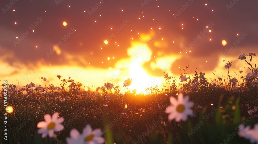 Poster beautiful sunset over a field of daisies with dramatic clouds and soft light creating a picturesque 