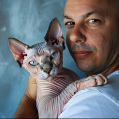 A man gently cradles his Canadian sphynx cat against a soft blue background, showcasing their bond and the cat's unique features. Generative AI