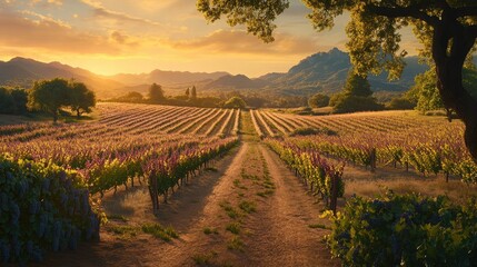 Fototapeta premium Serene Sunset Over Lush Vineyard Rows with Rolling Hills and Vibrant Sky, Captivating Landscape of Nature's Beauty in Rural Setting