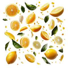 Flying orange and lemon slices isolated on transparent background, perfect for food advertising, juice packaging, fruit splash effects, and fresh citrus-themed designs