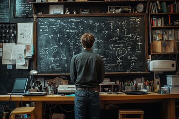 A man stands before a blackboard filled with question marks and notes, attempting to decode his business plan details.