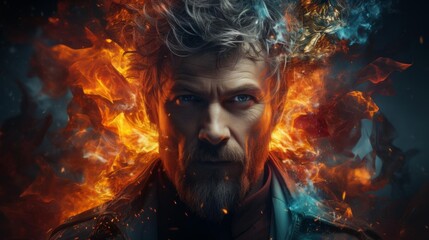 A man with a beard and glasses is in front of a fire