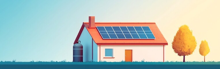 Fototapeta premium Solar Water Heating System on Residential Home Roof with Panels and Tank