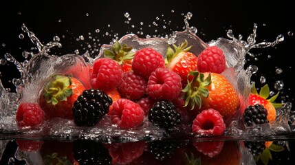 A splash of water surrounds a bunch of berries, including strawberries