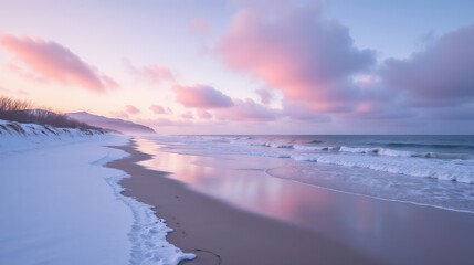 A serene winter beach at sunrise, featuring soft pink clouds reflecting on gently lapping waves along the sandy shore