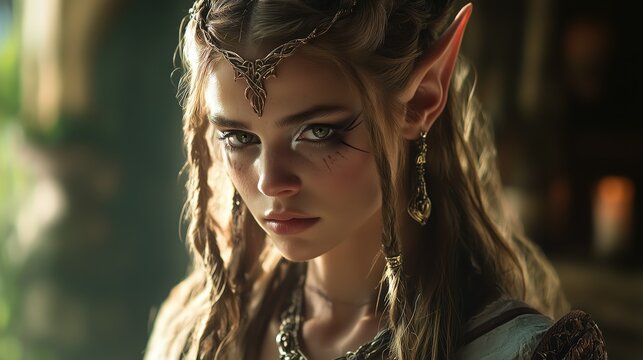 Fantasy portrait of enigmatic elf warrior with intricate jewelry and fierce expression
