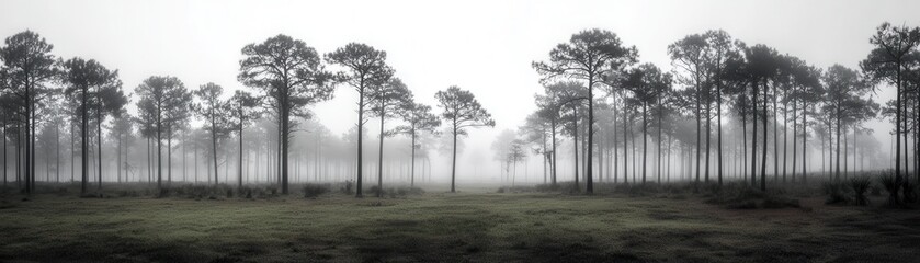Serene Pine Forest Blanketed in Morning Mist, Embracing Nature's Tranquil Beauty