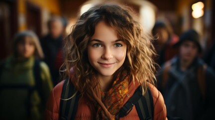 Obraz premium A girl with long brown hair and a scarf is smiling at the camera