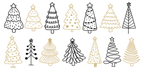 Christmas tree line art. Abstract linear New Year illustration. Abstract doodle drawing woods. Hand draw vector illustration isolated