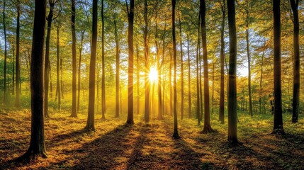 Obraz premium Beautiful Sunlight Filtering Through Tall Trees in a Serene Forest Setting, Creating a Magical Atmosphere with Gentle Flares of Light and Vibrant Green Foliage