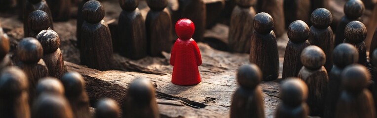 Wooden Figurines Depict Bystander Effect Concept with Red Figure in Middle