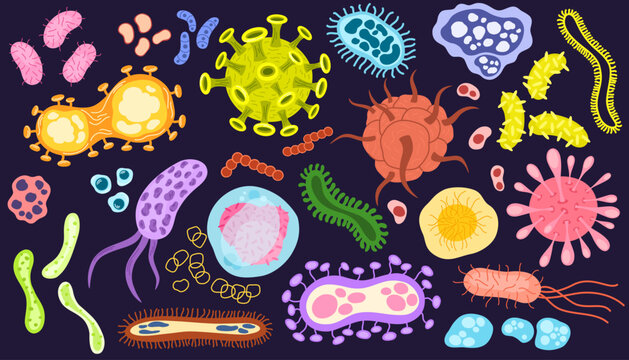Viruses, germs and bacteria, microorganism types. Illness or disease microscopic cells and infection, microbes and antibodies. Different infectious microorganisms set. Vector illustration isolated