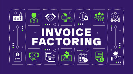 Invoice factoring purple word concept. Financial transactions, agreements. Business relations. Visual communication. Vector art with lettering text, editable glyph icons. Hubot Sans font used