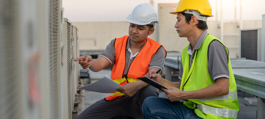 Engineers use blueprint check air condition systems on site. Contractor and inspector inspection...