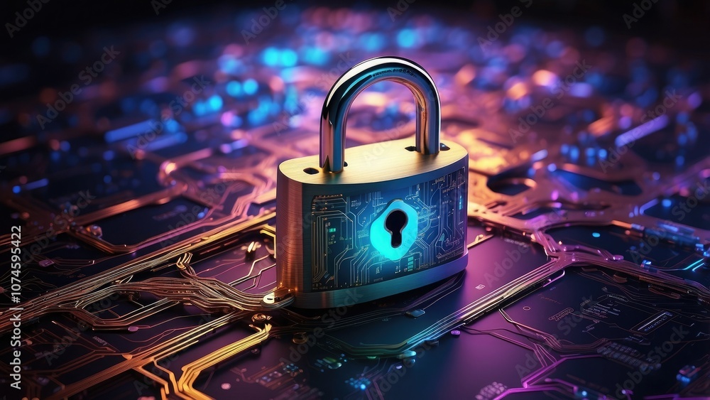 Poster cyber security concept with padlock atop a broad banner and a dazzling abstract electronic circuit b