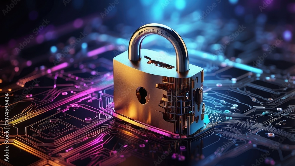 Poster cyber security concept with padlock atop a broad banner and a dazzling abstract electronic circuit b
