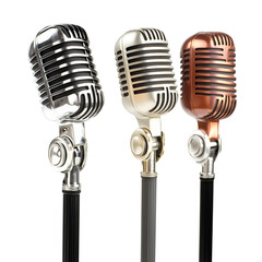 Various microphone designs isolated on transparent background, perfect for music production, podcast branding, broadcasting visuals, audio equipment catalogs, and media design
