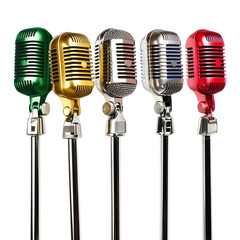 Various microphone designs isolated on transparent background, perfect for music production, podcast branding, broadcasting visuals, audio equipment catalogs, and media design