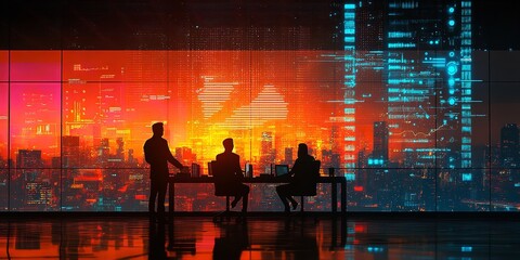 Businessmen shaking hands in an office, with digital graphs and charts hovering above, representing success and teamwork.