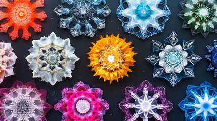 A Collection of Colorful, Geometric, Star-Shaped Objects on a Black Background