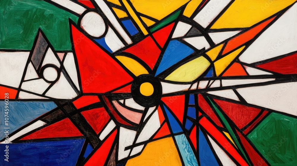 Aufkleber abstract composition featuring bold colors and geometric shapes with contrasting lines and dynamic m