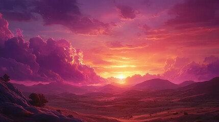 Naklejka premium Breathtaking Sunset Over Serene Landscape with Vibrant Skies and Rolling Hills Capturing the Beauty of Nature at Dusk