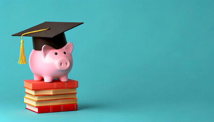 A pink piggy bank wearing a graduation cap sits on top of stacked books against a teal background, symbolizing education and financial planning.