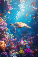 Fototapeta premium Turtle in colorful coral reef